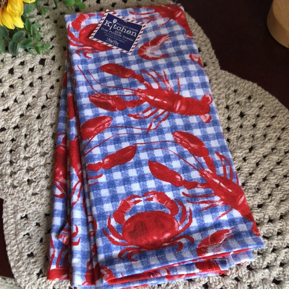 Lobster & Crab Blue Gingham Kitchen Towel - Red & Blue